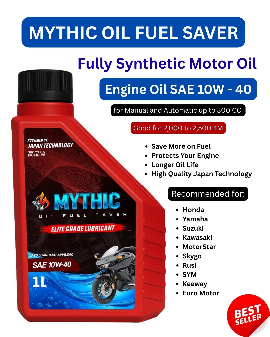 Mythic Oil SAE 10W-40 Fully Synthetic Motorcycle  Engine Oil | Engine Protection & Fuel Saver